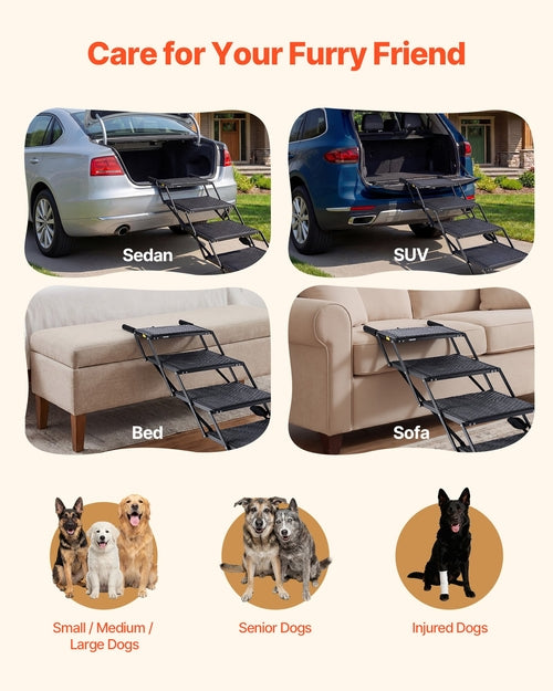 Dog Stairs for Car, 4 Steps Extra Wide Foldable Dog Ramp for Large